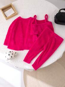 SHEIN 3 件套女婴服装：毛绒针织开衫、修身罗纹毛衣上衣和紧身裤，洋红色 - 玫紅色 - 查看 2