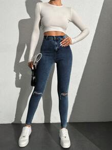 SHEIN Cottnline Ripped Skinny Jeans - Cadet Blue - View 4