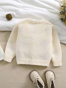 SHEIN Baby Girl Khaki Fuzzy Snowflake & Star Pattern Adorned Soft Beige Fabric Elegant Cardigan, Suitable For Autumn/Winter, For Christmas - Beige - View 2