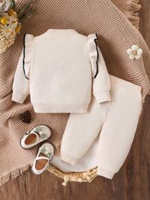 SHEIN 2 件套女婴时尚针织毛衣套装，适合秋冬季，包括纯色/撞色开衫和裤子。荷叶边、蝴蝶结装饰、撞色纽扣，方便穿脱。甜美可爱的风格，优质面料。适合作为新生儿礼物、日常爬行和行走穿着。适合各种场合和节日。温暖而优雅 - 米色 - 查看 2