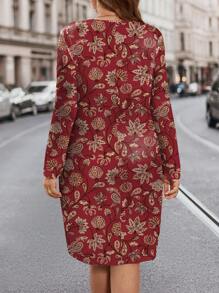 Glamance Polina Brazil Vrouwen Bordeauxrode jurken in grote maten, lange mouwen, ronde hals, boho, bloemenprint, effen, zomeroutfits voor vrouwen, zomerjurk voor vrouwen, zomerjurk voor vrouwen, vakantiejurk voor uitgaan