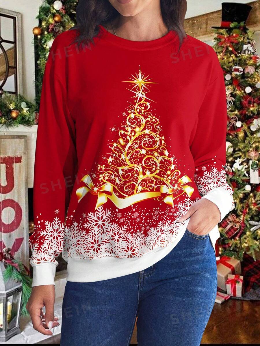 SHEIN LUNE Plus Size Women's Christmas Tree Snowflake Print Sweatshirt