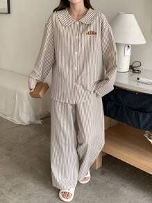 DAZY 纹理条纹面料面包印花长袖上衣和裤子睡衣套装，秋冬服装 - 咖啡棕 - 查看 3