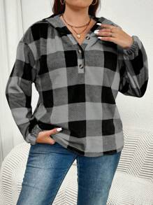 SHEIN Essnce Sudadera holgada casual con capucha a cuadros para mujer de talla grande