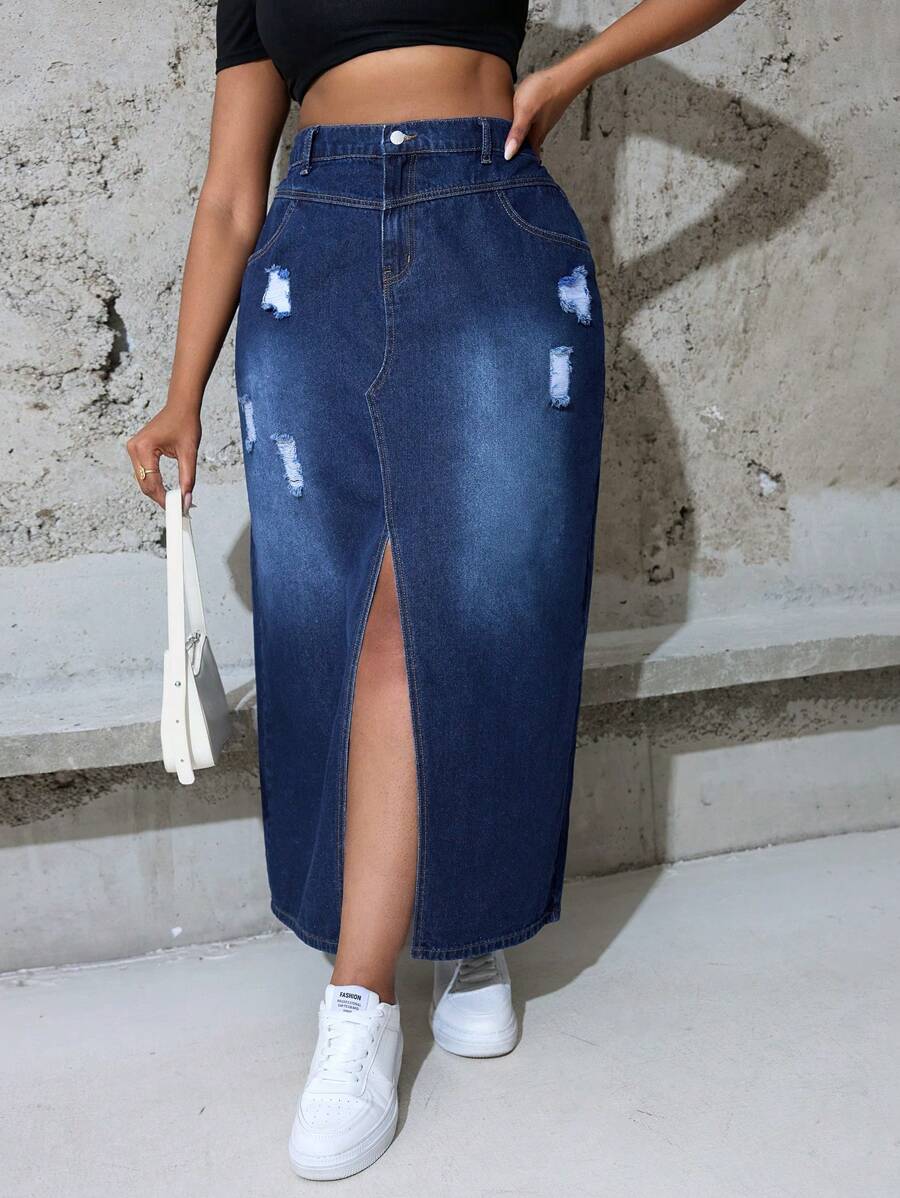 SHEIN Essnce Váy mini denim xanh rộng rãi, thoải mái, cỡ lớn có xẻ tà phía trước - Màu xanh lam - Xem 1