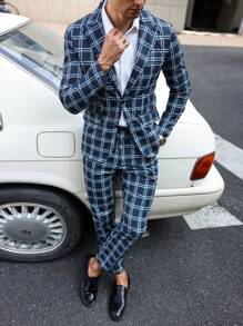 Manfinity Homme 2 件套男士休闲格子立领单排扣西装外套和裤子套装 - 彩色 - 查看 4
