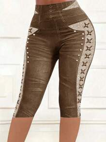 SHEIN Clasi Quần legging in họa tiết denim cỡ lớn cho nữ 3/4 - màu nâu - Xem 6