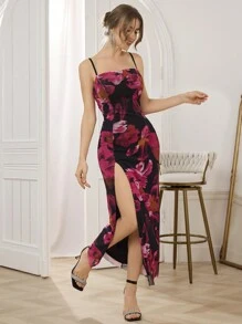 SHEIN Belle Vestido de fiesta elegante con estampado floral, abertura en el bajo, tirantes finos, para mujer. Vestido de cóctel, semirrígido, para fiesta, cumpleaños, boda, graduación, cena, baile de graduación