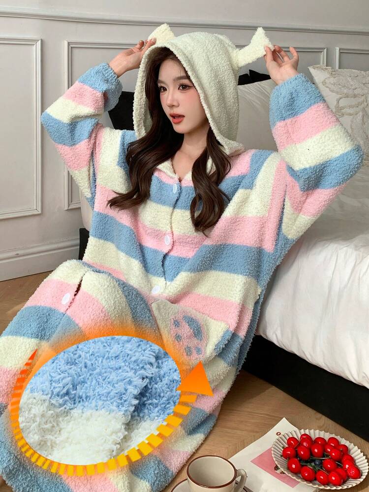 Cute Stripe Half Plush Hooded Bathrobe Pajama Fall,Winter