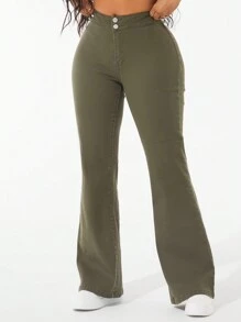 SHEIN Unity Solid Color Skinny Flare Leg Sexy Jeans - Army Green - View 1