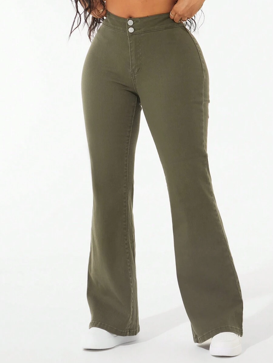 SHEIN Unity Solid Color Skinny Flare Leg Sexy Jeans - Army Green - View 1