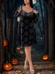 SHEIN Privé Plus Size Women Halloween Pattern Print Bodycon Dress, New - Black - View 5