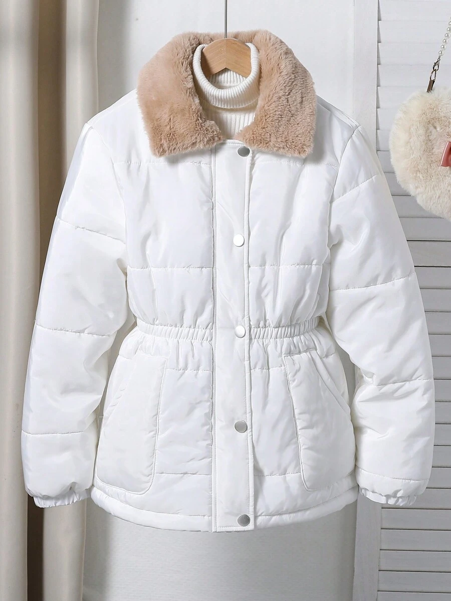 Teen Girls Padding Coat With Fur Collar, Elegant And Commuter Style - Beige - View 1