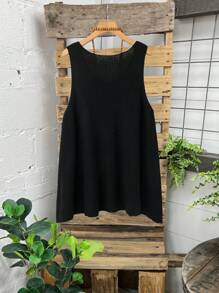 EMERY ROSE Plus Size Solid Round Neck Sleeveless Casual Sweater Vest - Black - View 2