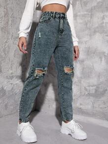 SHEIN EZwear 正面纽扣闭合、多口袋、破洞简约休闲牛仔裤 - 深色水洗藍 - 查看 5