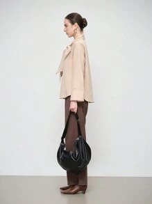 SHEIN LUNE Áo sơ mi nữ thời trang thanh lịch dài tay cổ đứng thắt nơ cổ trơn màu - Màu be - Xem 3
