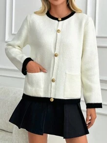 EURMUSE Contrast Color Trim Front Button-Up Pockets Elegant Long Sleeve Knit Cardigan