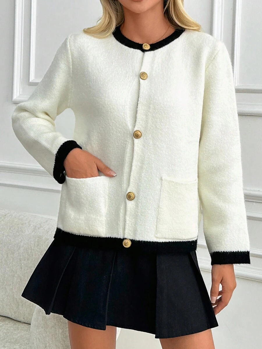EURMUSE Contrast Color Trim Front Button-Up Pockets Elegant Long Sleeve Knit Cardigan