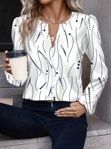 SHEIN Clasi Koszula damska prosta, swobodna, z dekoltem w serek i nadrukiem na całej powierzchni, z długim rękawem, odpowiednia na jesień i zimę, bluzki z długim rękawem - Niebieski i biały - Zobacz 7