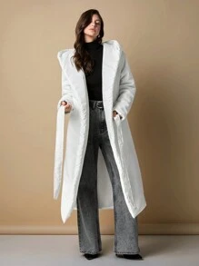 EURMUSE Manteau d'hiver avec ceinture, style léger, col châle et détails de col à capuche, rembourré long - Marron - Voir 5