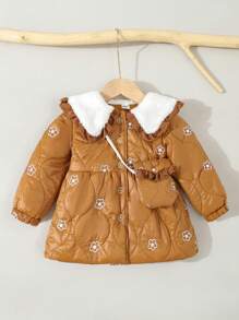 Casaco acolchoado floral patchwork gola bebê menina inverno puffer - Castanho - Ver 1