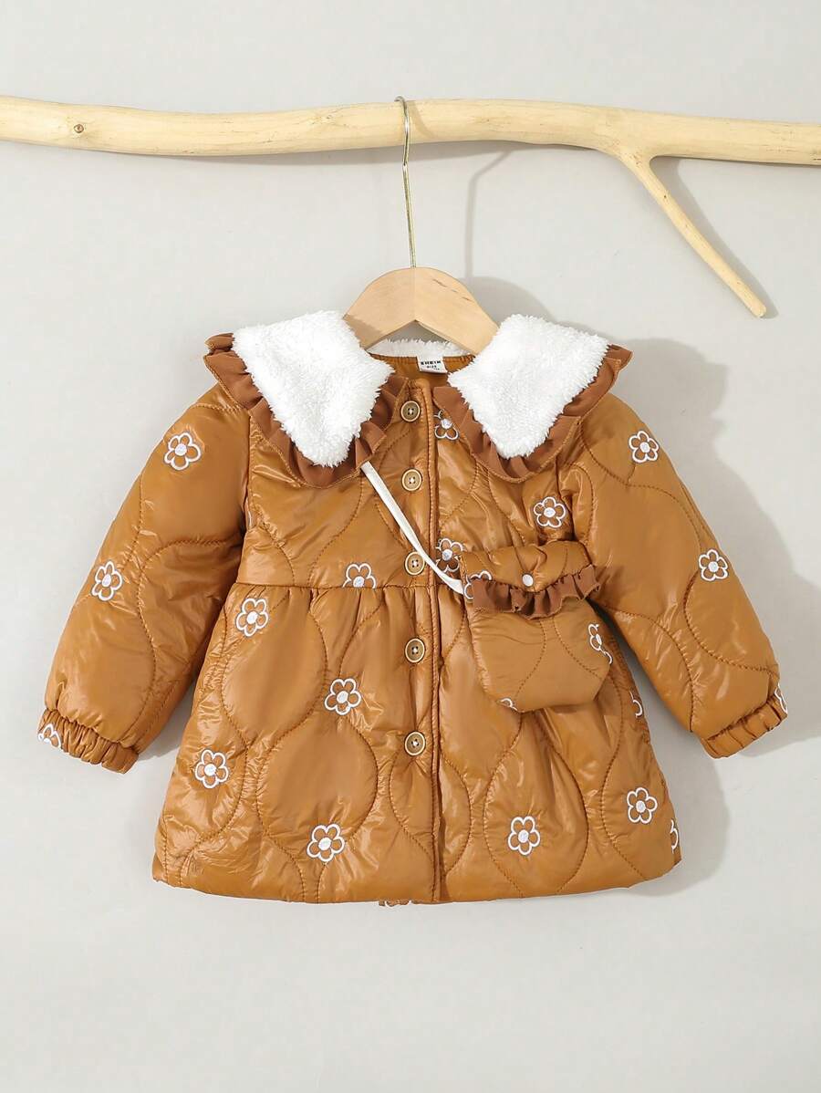 Casaco acolchoado floral patchwork gola bebê menina inverno puffer - Castanho - Ver 1
