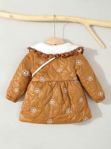 Casaco acolchoado floral patchwork gola bebê menina inverno puffer - Castanho - Ver 2