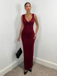 SHEIN BAE 夏季无袖简约优雅黑色纯色吊带露背连衣裙，修身款，适合女士