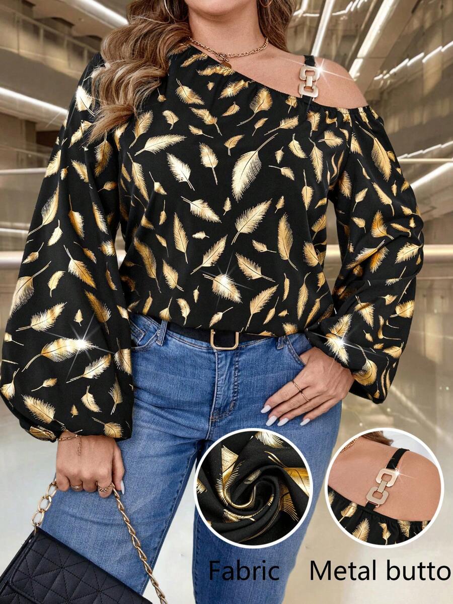 SHEIN Unity Plus Size Asymmetrical Neck Long Sleeve Metal Button Foil Print Loose Blouse - Black - View 1