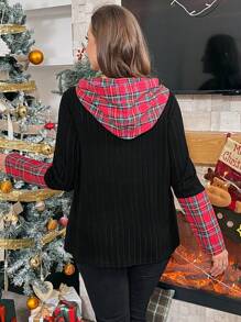 SHEIN Essnce Plus Size Fall Clothes Curve Women's Autumn And Winter New Fashion Casual Holiday Clothing Thanksgiving Women's Clothing Halloween Sweatshirts Christmas Costumes Black Spliced ​​Red Plaid Fabric Asymmetric Hooded Sweatshirt, Half Zipper Sweatshirt Christmas Women Tops Red Top Going Out Tops Babydoll Women Dress Christmas Sweatshirt