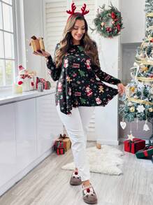 SHEIN Essnce Große Größen Herbstkleidung Kurven Damen Bekleidung Herbst und Winter Neue Mode Lässig Festival Weihnachten Damenkleidung Weihnachten Langarm T-Shirt Weihnachten Damenshirts Weihnachtsfamilie Ugly Christmas T-Shirt Santa Claus Grafikdruck T-Shirt, Weihnachtsbaum Grafikdruck T-Shirt Schwarzes Weihnachten Grafikdruck T-Shirt Asymmetrischer Saum Locker Baby Doll Weihnachts T-Shirt