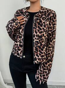 SHEIN Privé Chaqueta abotonada con manga larga, cuello vuelto y estampado de leopardo retro de moda casual para mujer, otoño/invierno - Multicolor - Ver 4