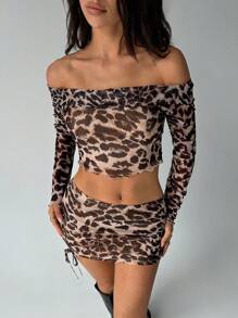 Aloruh Bộ đồ hở vai lưới họa tiết da báo dài tay hở vai gợi cảm cho nữ và váy ngắn Bộ váy cho nữ Bộ trang phục hai mảnh mùa thu Bộ đồ họa tiết da báo - Nhiều màu - Xem 4