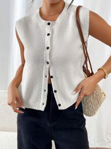 SHEIN Frenchy Women Casual Single-Breasted Textured Knit Sweater Vest,French Round Neck Sleeveless Color Clash Button Knit Sweater Top,Thanksgiving Women Outfit,White Tank Women Top ,Going Out Tops,Elegant Women Dresses White Button Up Top