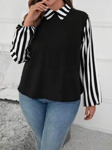 SHEIN Clasi Blusa casual minimalista de manga larga con parches lisos en tallas grandes - Negro - Ver 3