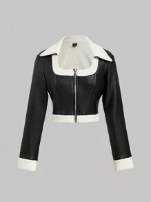 SHEIN MOD 女士黑白蓬松夹克、冬季女士夹克、短款皮夹克、秋季女士服装、嬉皮女士服装、女牛仔服装 - 黑色 - 查看 1