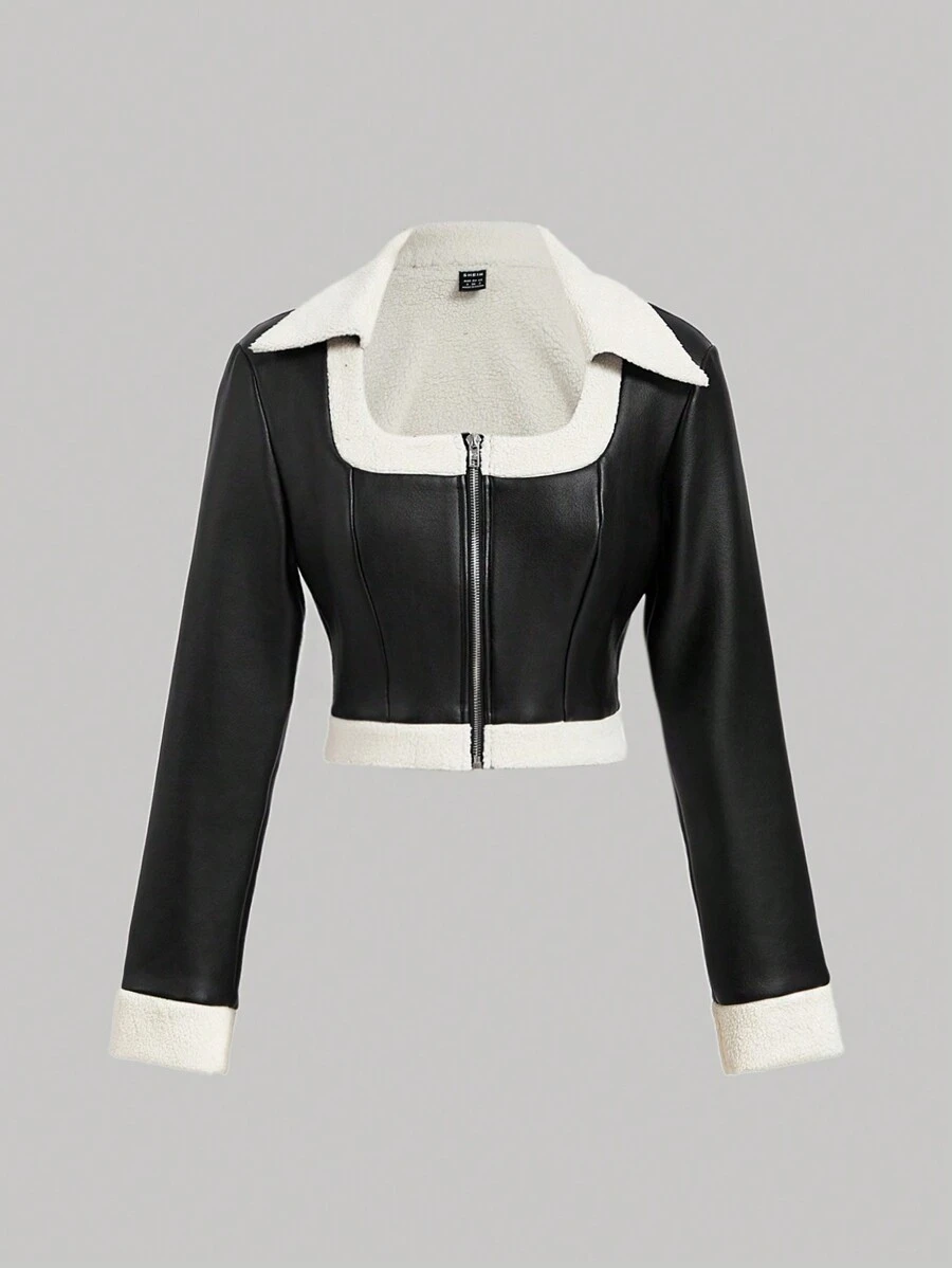 SHEIN MOD 女士黑白蓬松夹克、冬季女士夹克、短款皮夹克、秋季女士服装、嬉皮女士服装、女牛仔服装 - 黑色 - 查看 1