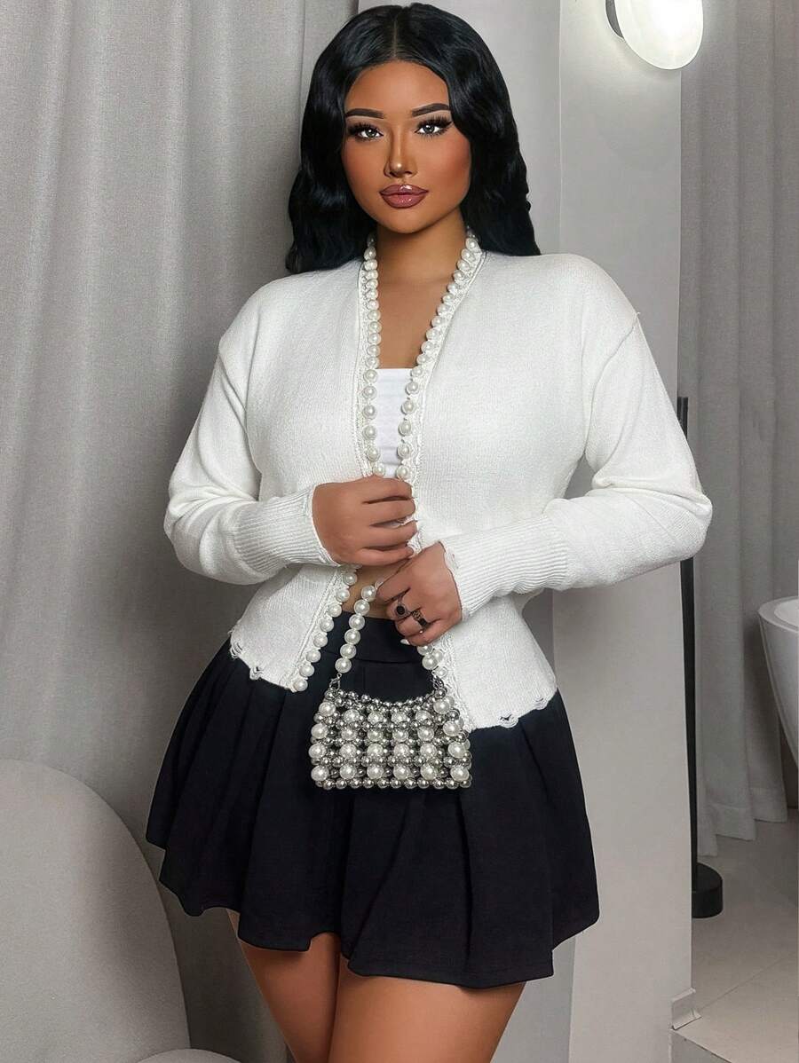 VaVaBold Women's Cardigan, Knitted Cardigan, White Top, Long Sleeved Faux Pearl, Loose Fitting Friend Gatherings, All Season Autumn And Winter Women's Clothing - White - View 1