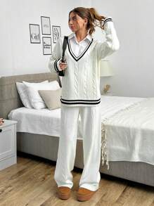 EURMUSE 2 Stücke/Set Lässig College Stil Farbblock Streifen Zopfstrick Pullover und Hose Set - Beige - Übersicht 6