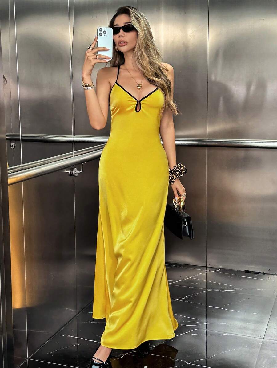 SHEIN Unity Sexy Backless Mermaid Dress With Spaghetti Straps - Black and Gold - View 1