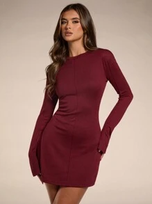 SHEIN BAE Women's Solid Color Round Neck Long Sleeve Simple Short Casual Red Dress,Christmas Women Clothes,Christmas Women Dress ,Christmas Party Dress,Fall Women Outfits,Winter Women Clothes