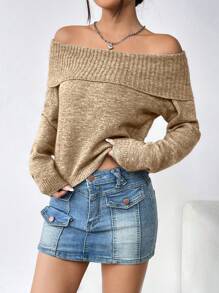 SHEIN Unity 女士纯色翻边露肩针织套头衫，秋冬款 - 卡其色 - 查看 5