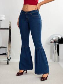 SHEIN Essnce Jeans flare com bolsos inclinados casuais e para o dia a dia, Outono - Lavagem escura - Visão 1