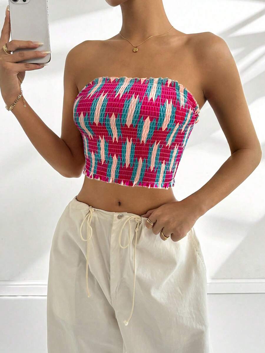 SHEIN LUNE Frill Trim Printed Cropped Camisole Top - Multicolor - View 1
