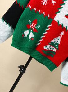 Jerseys navideños a juego en familia - Diseño de cuadrados de patchwork, color de contraste, árbol de Navidad, estrellas, copo de nieve para niños preadolescentes, otoño e invierno - Verde - Ver 4