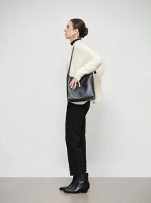 SHEIN LUNE 纯色V领不对称下摆优雅长袖套头针织毛衣，秋冬款 - 杏色 - 查看 4
