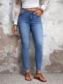 SHEIN LUNE Jeans de mezclilla simples con bolsillo delantero y botones para mujer, uso casual diario - Azul - Ver 6