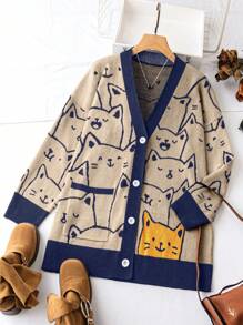 Calvaya 大码休闲卡通印花拼色口袋单排扣开衫 - 寶藍色 - 查看 1