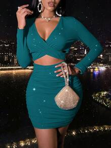 VaVaBold 女式秋季简约时尚纯色镂空褶皱紧身长袖连衣裙 - 水鴨藍 - 查看 1