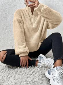 SHEIN EZwear Áo nỉ lông cừu Teddy cổ lọ rộng rãi, trễ vai, khóa kéo nửa phía trước, dành cho nữ, mùa thu đông, áo dài tay - Màu Khaki - Xem 3